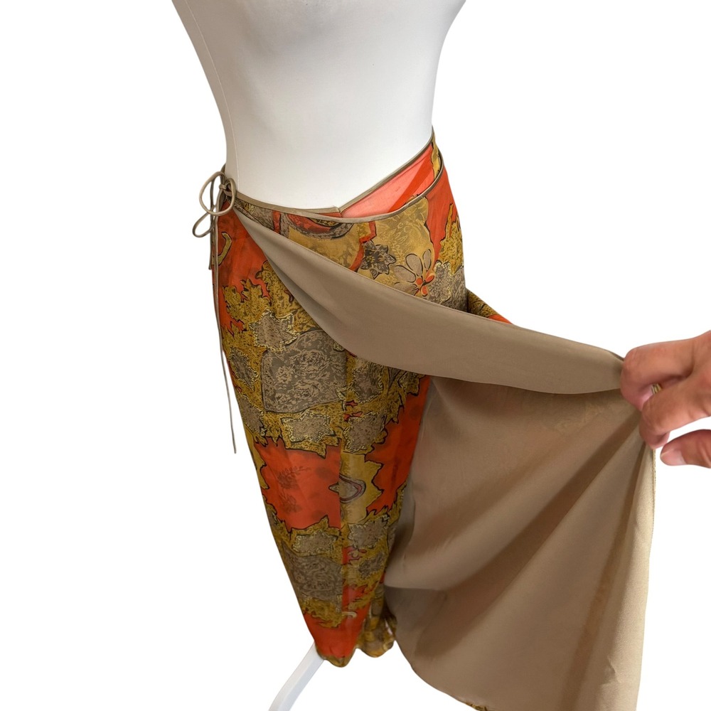 Dana Buchman Silk Maxi Wrap Skirt Orange Paisley Floral Tie Waist Lined Size 12 - Picture 6 of 7